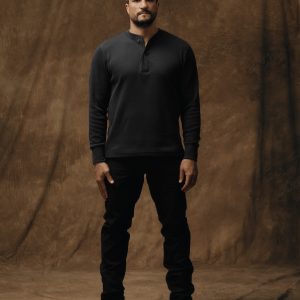 Waffle Knit Henley - Faded Black